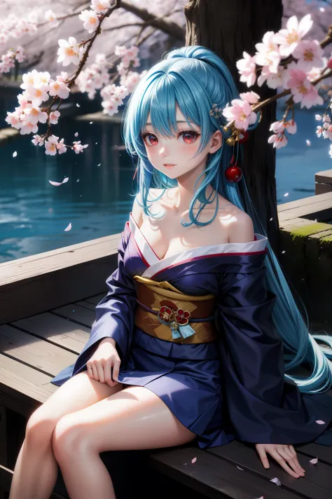 anime, one girl, blue hair, Hair is tangled, red eyes, Kyoto, cherry blossoms、petal、moon, kimono, off shoulder, sitting, alone,