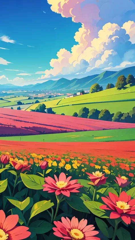 a beautiful flower hills area with various colours of flowers. sky with clouds. cg 8k