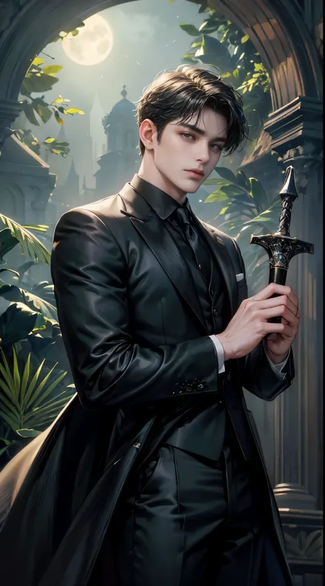 (best quality, masterpiece, highres:1.2), beautiful:1.5, black suit, black short hair:1.5, under the moonlight in a deep forest, no one around, looking at the viewer,symmetrical eyes, at night, holding a sword in his hand