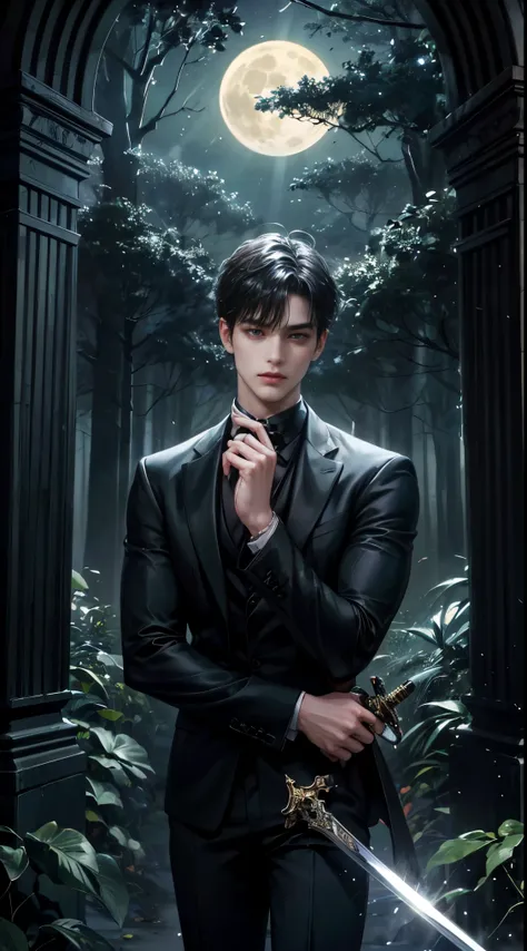 (best quality, masterpiece, highres:1.2), beautiful:1.5, black suit, black short hair:1.5, under the moonlight in a deep forest, no one around, looking at the viewer,symmetrical eyes, at night, holding a sword in his hand