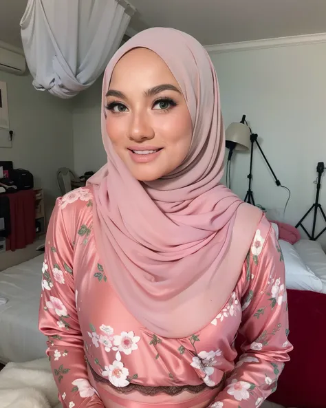 ((HIJAB & MINI SKIRT)), ((GREEN LINGERIE)), ((SHORT HIJAB)), Portrait photo of a matured chubby malay girl, curvy, (laughing:1.2), hijab,malaysian, posing, look at a camera, nerd, wear white shirt and short pleated skirt, full body, room background, big br...