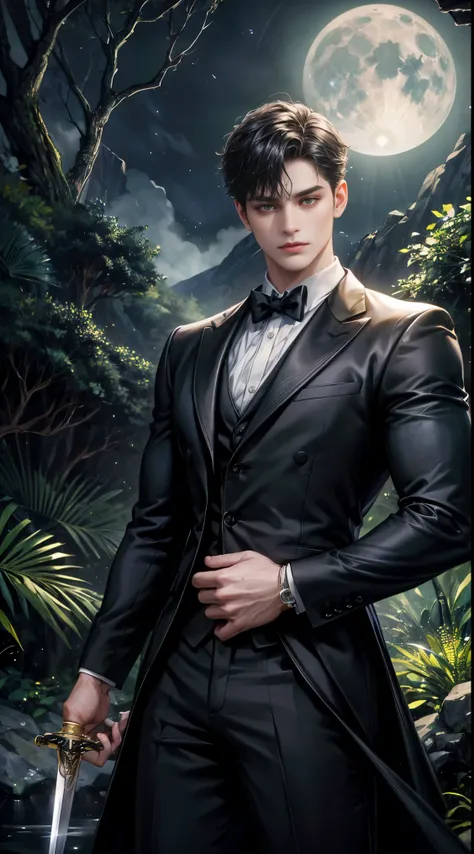 (best quality, masterpiece, highres:1.2), beautiful:1.5, black suit, black short hair:1.5, under the moonlight in a deep forest, no one around, looking at the viewer,symmetrical eyes, at night, holding a sword in his hand