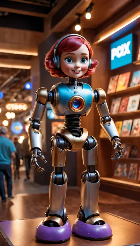 (best quality,4k,8k,high resolution,masterpiece:1.2),Super detailed,(actual,photoactual,photo-actual:1.37),Pixar style mechanical robot doll in display case,Playful and vibrant colors,showcase lighting,Careful and detailed facial expressions,Expressive and...