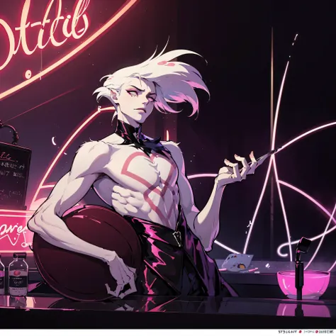 the angel will give, hotel hazbin, stunning photorealism, man, beautiful, vulgarity, neon lighting, strip club, arrogant look, u...