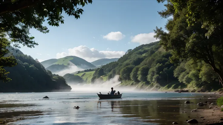 
foggy river with person on a boat, in the style of zen buddhism influence, light sky-blue and indigo, mountainous vistas, english countryside, soft and dreamy depictions, serene seascapes