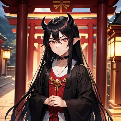 Anime boy with long black hair in a shrine outfit and demon horns 