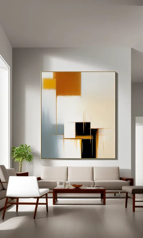 Alafid&#39;s paintings hang on the living room wall，Comes with chairs and coffee table, abstract realism, Detailed summary, modern painting, Contemporary painting, abstract style, contemporary art style, beautiful paintings, canvas art, detailed, modern ar...