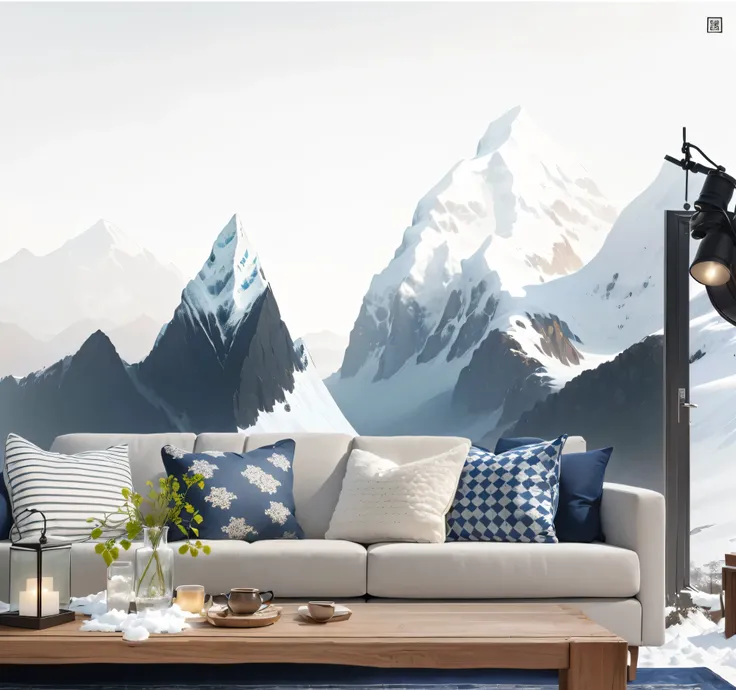 Close-up of sofa with pillows and table with lamp, living room background墙, living room background, geometric wallpaper, mountains in background, cozy living room background, snow mountain背景, with mountains as background, icy mountains, icy mountains in th...