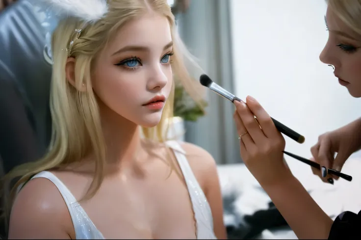 blond woman getting her make up done by a professional constituir artist, putting constituir on, behind the scenes photo, constituir,  - joy vampire queen, Barbara palvin, with professional constituir, , en el set, inspired by Louisa Matthíasdóttir, hermos...