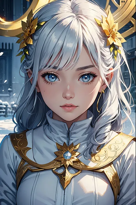 **a white girl holding a flower in her hands, in the style of artgerm, silver and gold, kawacy, snow scenes, detailed facial features, enchanting realms, comic art