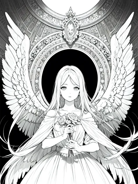 (Mejor calidad,4k,8K,high resolution,obra maestra:1.2),ultra detallado,(angel),obra maestra,cuerpo completo, (((cabello negro))),  manga,hermoso,girl with angel wings, angel ,Femenino,Fondo blanco,monocromo,Dibujo lineal,((bosquejo)),sorprendido,ojos blanc...