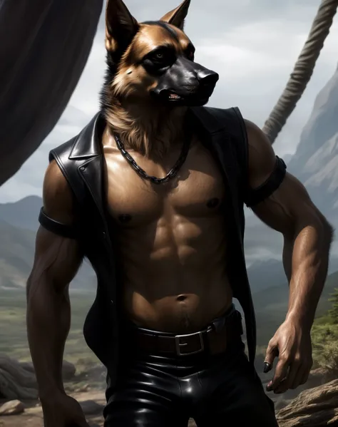 anthro, german shepherd, solo, male, adult, veiny, thin body, dark black pants, terrorist, bad guy, criminal, pirate, serious look, fierce look, small eye, furred body, detailed background, wilderness background, clear weather, realistic, photorealistic, u...