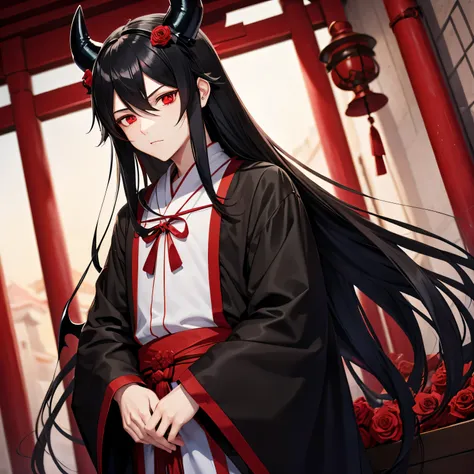 Anime boy with long black hair in a shrine outfit and demon horns, in roses and red eyes 