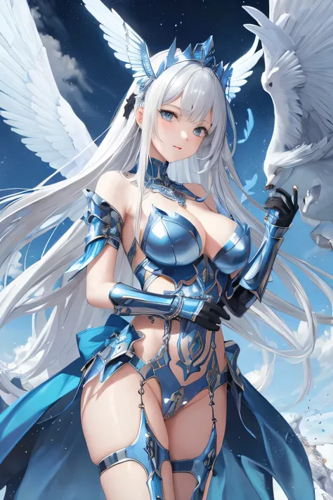 Blue Themed Flying Angel, nsfw, silver armour, sphinx in the background, counterspells, tarot