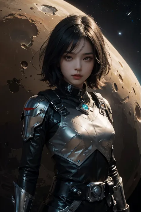 Upper body close-up image.A beautiful woman. 20s. Black hair. She wears a metallic black battle uniform. There is something on his waist that is reminiscent of Kamen Riders transformation belt. An image of outer space and Mars in the space behind her. A ma...