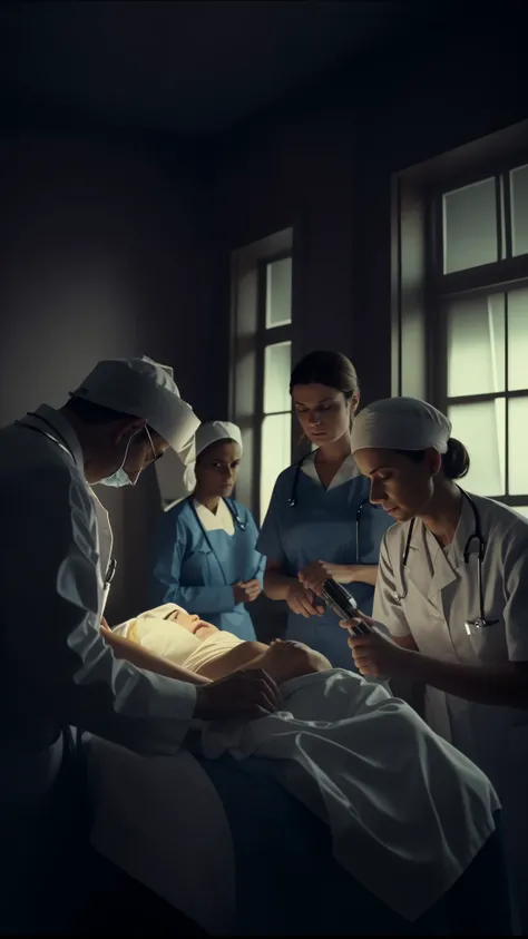 doctors and nurses are working on a patient in a dark room, opening scene, screenshot from a movie, by László Balogh, still from the film, still from a live action movie, still from the movie, in this ominous scene, scene from a movie, by Ludwik Konarzewsk...