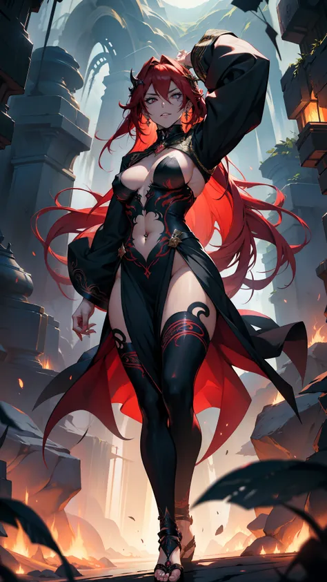 (Best Quality, 4k, 8K, high resolution, Masterpiece: 1.2), A 2D Anime art nude with a skinny yet full body, adorned with intricate big tattoos that flow like sinuous rivers across her skin. Her hair, a vibrant evil red, cascades down her back like a fiery ...