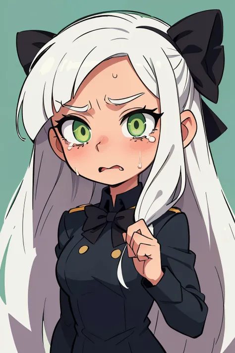 ((Best quality, Masterpiece)), 
1 girl, White hair , green eyes, , black bow on uniform, long hair , crying face .