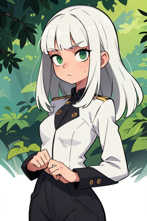 ((Best quality, Masterpiece)), 
White hair , straight bangs , green eyes ,  , black ban on uniform .