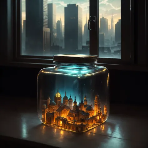 city of Atlantis tucked inside a square glass jar with lid, placing on the windowsill, extremely detailed, 8K, apocalyptic punk style, miniatures, macro photography in close-up 