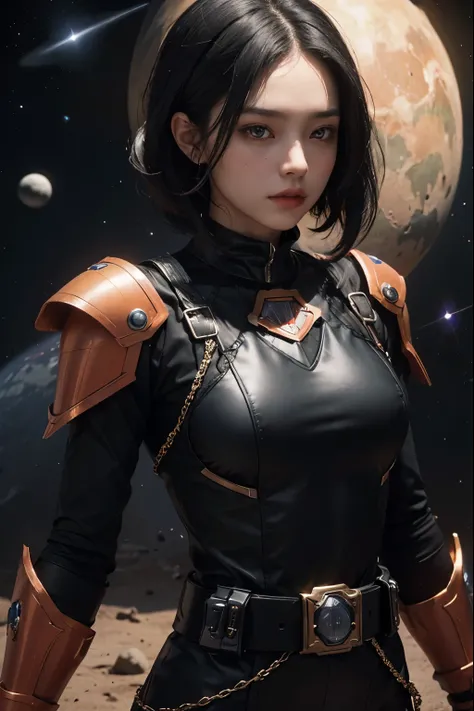 Upper body close-up image.A beautiful woman. 20s. Black hair. She wears a metallic black battle uniform. There is something on his waist that is reminiscent of Kamen Riders transformation belt. An image of outer space and Mars in the space behind her. A ma...