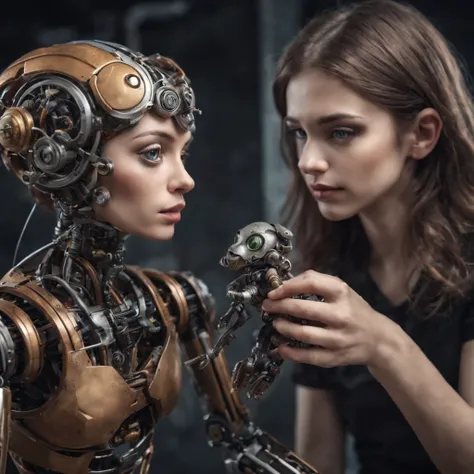 Realistic photo, sci-fi, mechanical female puppet, beautyful mechanical female, human young man playing with toy (with beautyful mechanical female creature puppet), very detailed, HDR, raw photo, 8k, dof, 