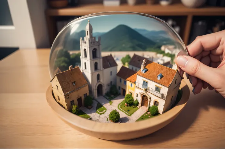 mini(ttp), (8k, RAW photo, best quality, masterpiece:1.2), Matera city, isometric, miniature, landscape, glass bowl,