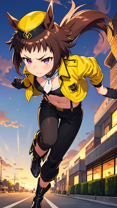 bestquality,4k,anime,1girl,Byerley Turk,1horse tail,original art,ear ornament, garrison cap, black gloves, white neckerchief, crop top, bandeau, long sleeves, yellow jacket, cropped jacket, open jacket, open clothes, suspenders, black pants, black footwear...