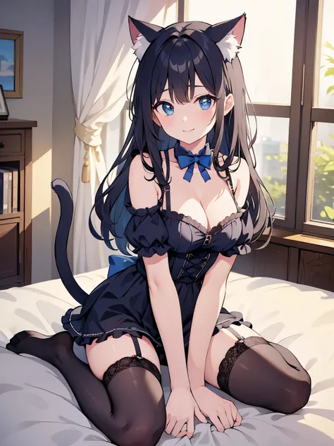 Top quality, super high resolution, beautiful eyes, cat ears (same color as hair), cat tail (same color as hair),garter_straps garter_belt cleavage, babydoll, {seductive smile},on bed,wariza,yokozuwari,hand between legs,sitting,head tilt　