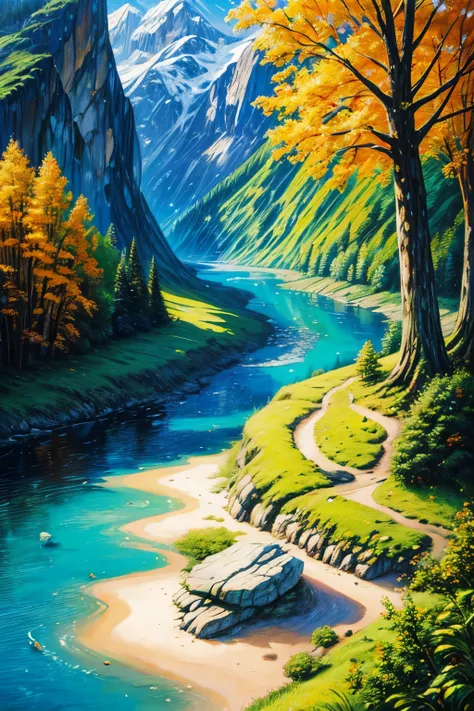 (detailed oil painting:1.2),vivid colors,vibrant scenery,serene atmosphere,colorful costume,flowing hair,, sparkling river, lush...