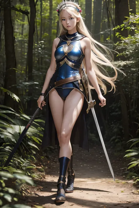  (photo realistic:1.4), (hyper realistic:1.4), (realistic:1.3),whole body,medieval europe,Fight,(metal breastplate),thin,sword持った女性,12 years old,No sleeve, whitened skin, in the forest,black shoes,sword,girl,(legs without stockings),Lower body white swimsu...