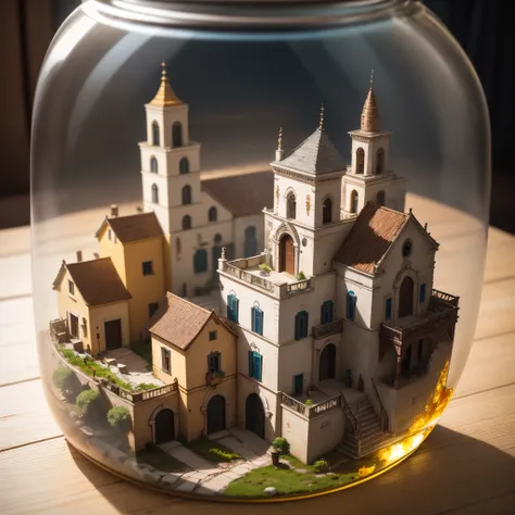 mini(ttp), (8k, RAW photo, best quality, masterpiece:1.2), matera city tucked inside a square glass jar with lid, isometric, miniature, landscape, placing on the windowsill, extremely detailed, 8K, apocalyptic punk style, miniatures, macro photography in c...