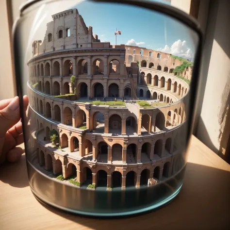 mini\(ttp\), (8k, raw photo, best quality, masterpiece:1.2), colosseum tucked inside a square glass jar with lid, isometric, min...