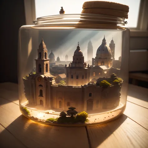 mini(ttp), (8k, RAW photo, best quality, masterpiece:1.2), Rome city tucked inside a square glass jar with lid, isometric, miniature, landscape, placing on the windowsill, extremely detailed, 8K, apocalyptic punk style, miniatures, macro photography in clo...