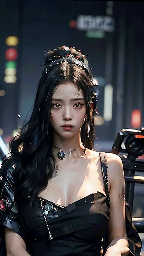 ((best quality)), ((masterpiece)), (highly detailed:1.3), 3d, beautiful (cyberpunk:1.3) samurai woman with long black hair, blac...