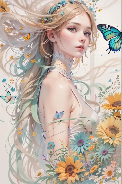 The foreground is a dreamer, highlighting lines and minimalist style in the state of white transparent gauze; The background features flowing flower wreaths, butterflies, and small celestial bodies, using an abstract sci-fi style Moranti color scheme