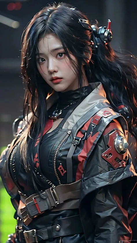 ((Best quality)), ((masterpiece)), (highly detailed:1.3), 3D, beautiful (cyberpunk:1.3) samurai woman with long black hair, black clothes looking at camera