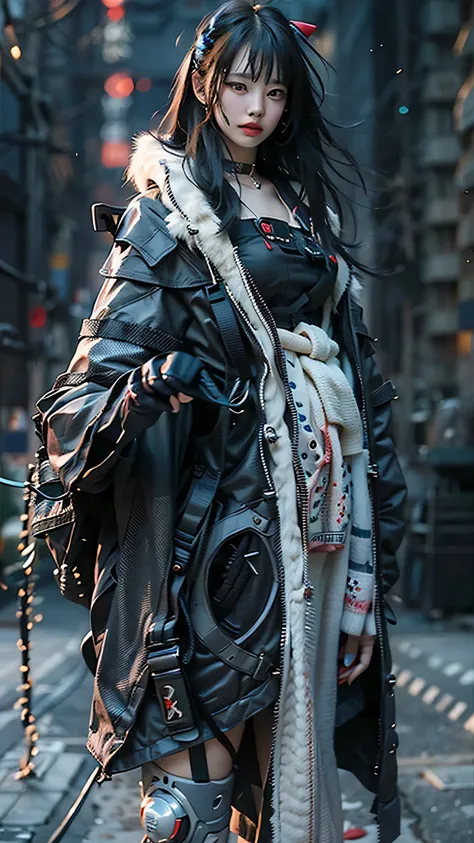 ((Best quality)), ((masterpiece)), (highly detailed:1.3), 3D, beautiful (cyberpunk:1.3) samurai woman with long black hair, black clothes looking at camera