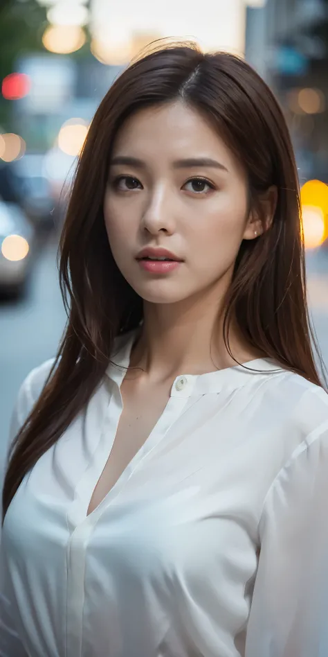 ((Realistic lighting, best quality, 8k, masterpiece: 1.3)), clear focus: 1.2, 1 girl, Perfect body: 1.4, Slim abs: 1.1, ((Dark brown hair)), (white blouse: 1.4), (outdoor, night: 1.1), city street, Super thin face, beautiful eyes, double eyelids,full-body ...