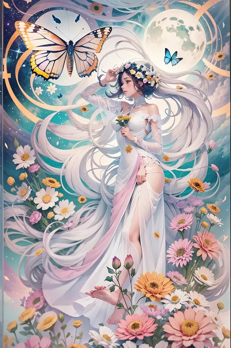 The foreground is a dreamer, highlighting lines and minimalist style in the state of white transparent gauze; The background features flowing flower wreaths, butterflies, and small celestial bodies, using an abstract sci-fi style Moranti color scheme