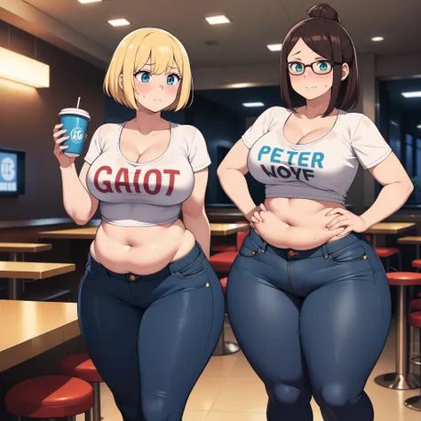 ((highres)), high quality, best quality, masterpiece, perfect lighting, detailed face, ultra cute face, ((2girls)), ((blush)), embarrassed, one girl has blonde hair, blue eyes, crop top and shorts, one girl has brown hair, green eyes, jeans, white shirt, t...