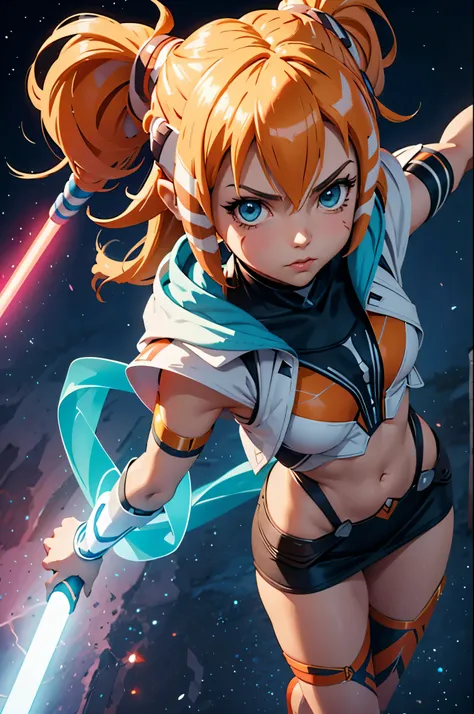 **cute cartoon style animated ahsoka girl with the neon sword 