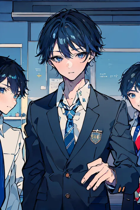 (muste piece), (best quality), very detailed, (((Two friendly high school boys:1.5))), perfect face, beautiful face, very detailed face，(dark blue haired man:1.3)，(black haired man:1.3)，School，classroom，student uniform，tie，shirt