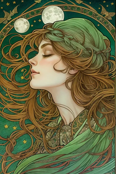 a close up profile hand drawing of a beautiful witch in the style of alphonse mucha, in the middle of a moonlit ritual. she has auburn hair and light skin, her eyes are closed, she has a mellow smile, and her hands are crossed as if dancing, there is a tom...