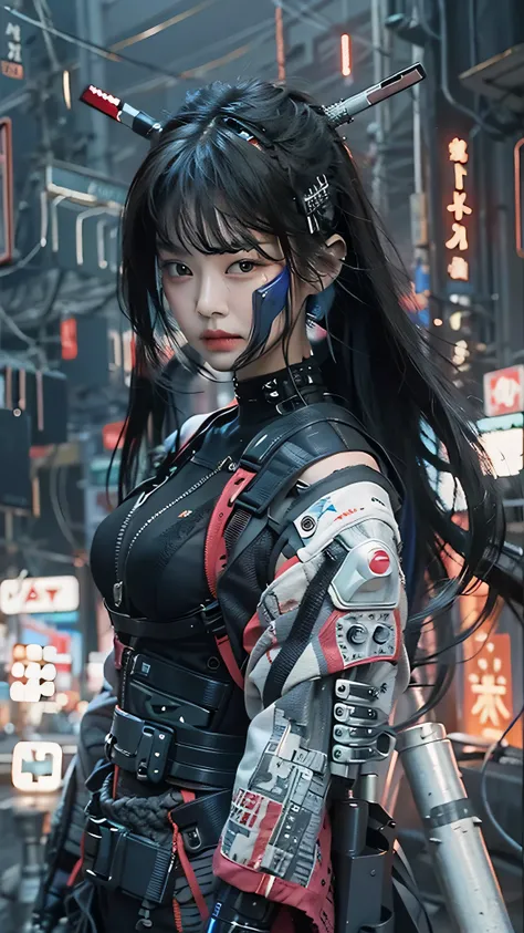 ((Best quality)), ((masterpiece)), (highly detailed:1.3), 3D, beautiful (cyberpunk:1.3) samurai woman with long black hair, black clothes looking at camera