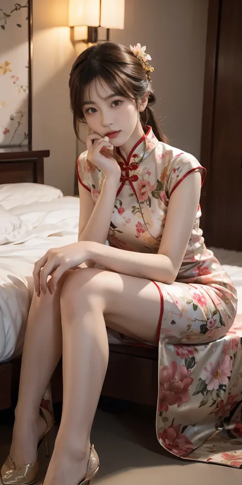 araffe woman in a floral dress sitting on a bed, cheongsam, chinese girl, chinese dress, chinese woman, gorgeous lady, gorgeous chinese model, xintong chen, cute elegant pose, chinese style, wearing pink floral gown, sexy dress, wearing an elegant dress, b...