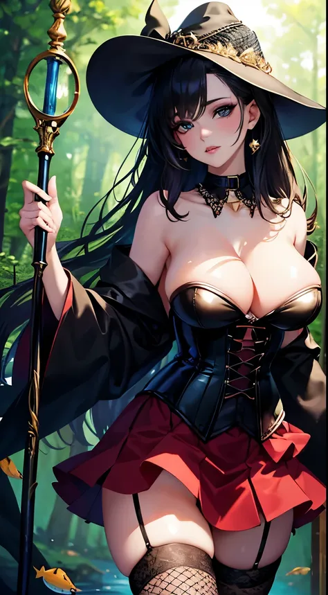 Highest Quality, ​masterpiece, beautifully detailed eyes, large breasts, standing, makeup, glossy lips, collarbone, forest, strapless corset, (fishnet stockings), full lips, collar, long parted skirt, wizard staff