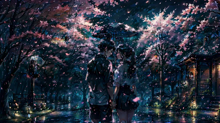 Lovers in the rain, Beautiful scene, masutepiece, of the highest quality, High quality, Highly detailed CG, 8K Wallpaper, Art Station, Digital Illustration, Art Station Trends, high detailing, Dramatic, 8K, 16 K, of the highest quality, motion angles, Cine...