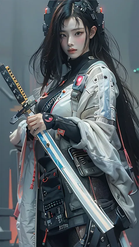 ((Best quality)), ((masterpiece)), (highly detailed:1.3), 3D, beautiful (cyberpunk:1.3) samurai woman with long black hair, black clothes looking at camera