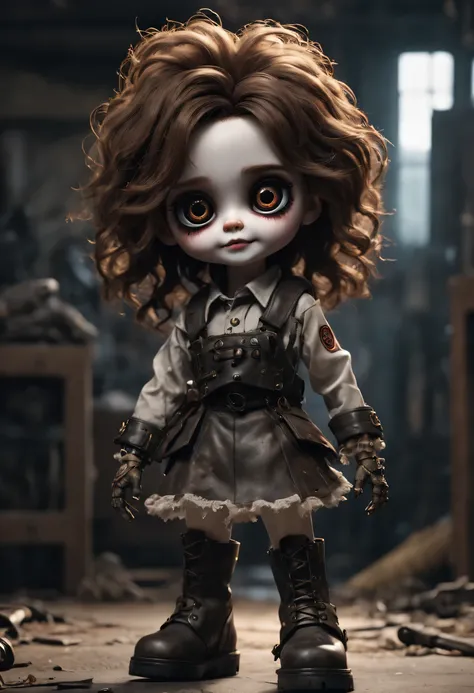 （best quality，4k，masterpiece：1.2），super detailed，lifelike：1.37，sniper，Possess human emotions and intelligence，scary mechanical doll，big eyes，dark eye makeup，Spooky smile，Mechanical joint，fluffy hair，whole body，damaged leather boots，Metal skin decoration，di...